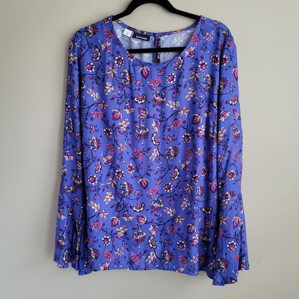 Basic Editions Womens Blouse Size XXL Bluish Purple Floral Pattern Bell Sleeves
